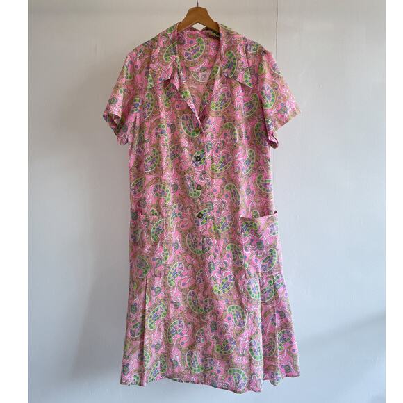 Vtg 60's Pink Paisley Button Up Collared Dress Pockets Size XL Mod Retro Plus - Picture 1 of 8